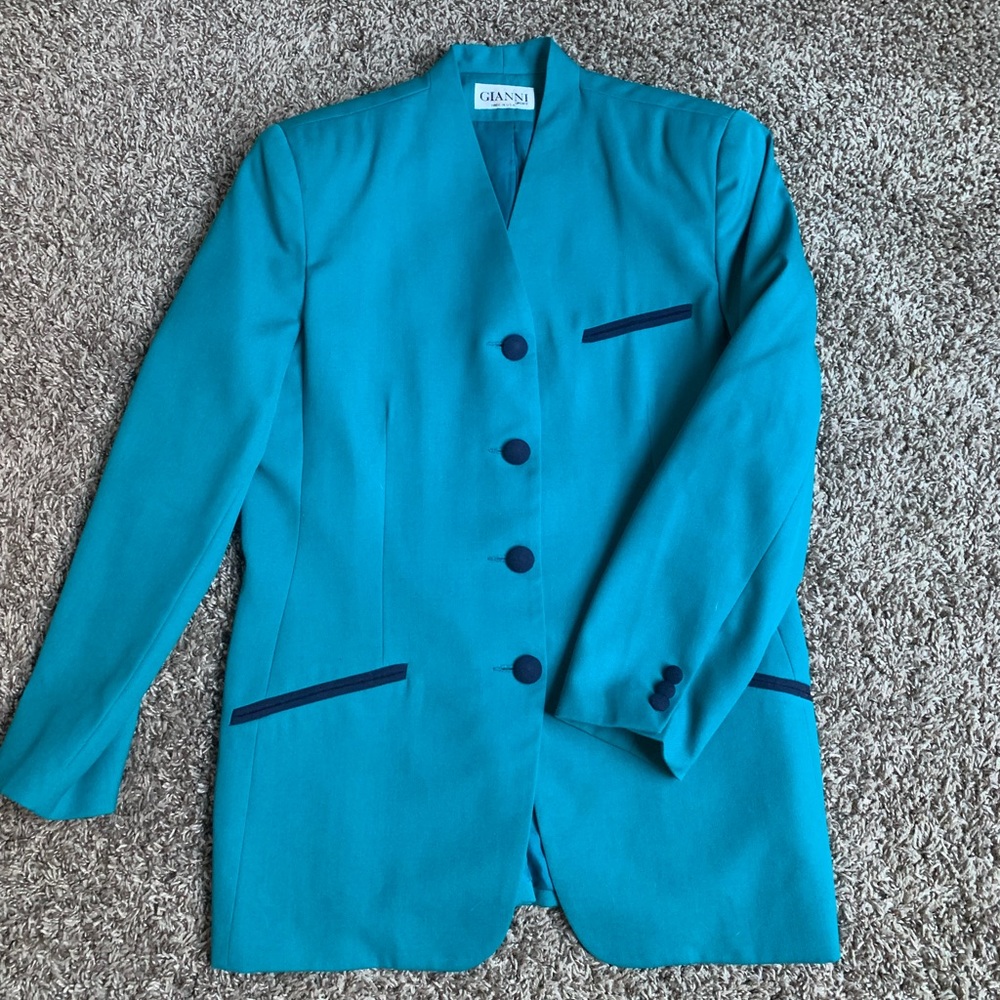 Gianni Vintage Turquoise (Greenish Blue) Blazer with Dark Blue trim and buttons